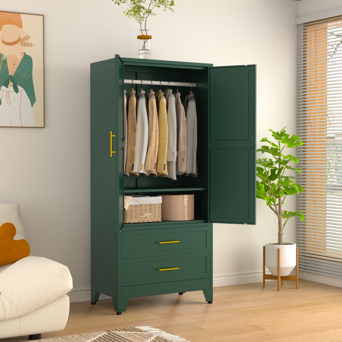 GEITIN Modern Freestanding Wardrobe Armoire with Two Drawers