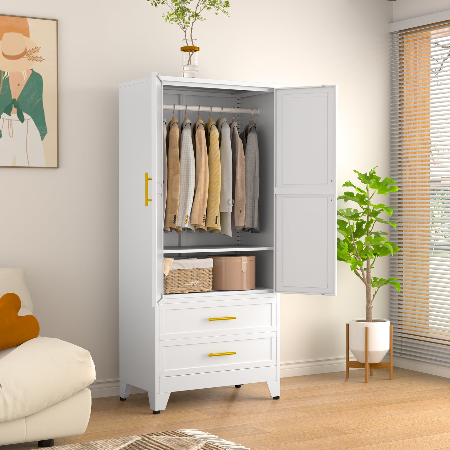 GEITIN Modern Freestanding Wardrobe Armoire with Two Drawers