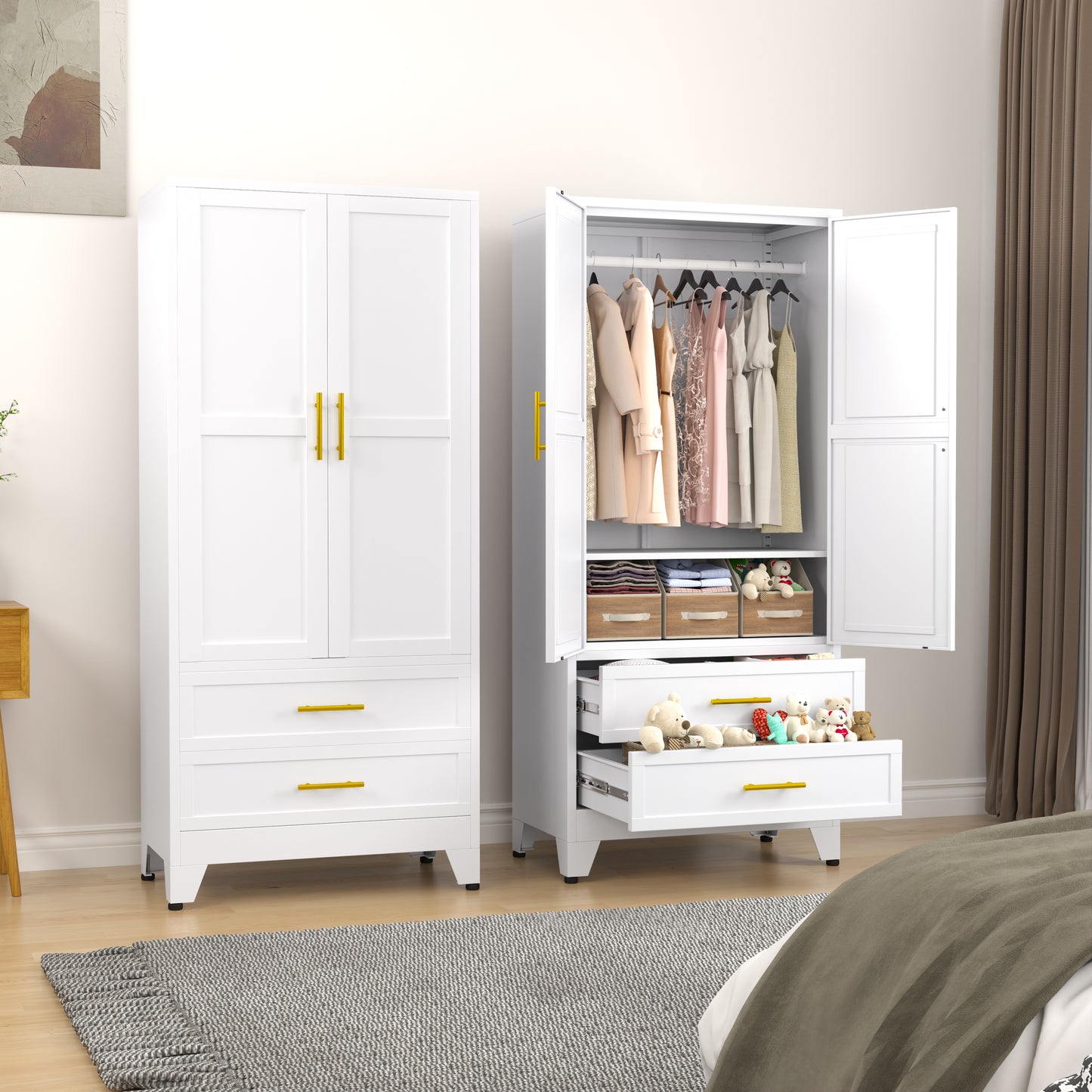 GEITIN Modern Freestanding Wardrobe Armoire with Two Drawers