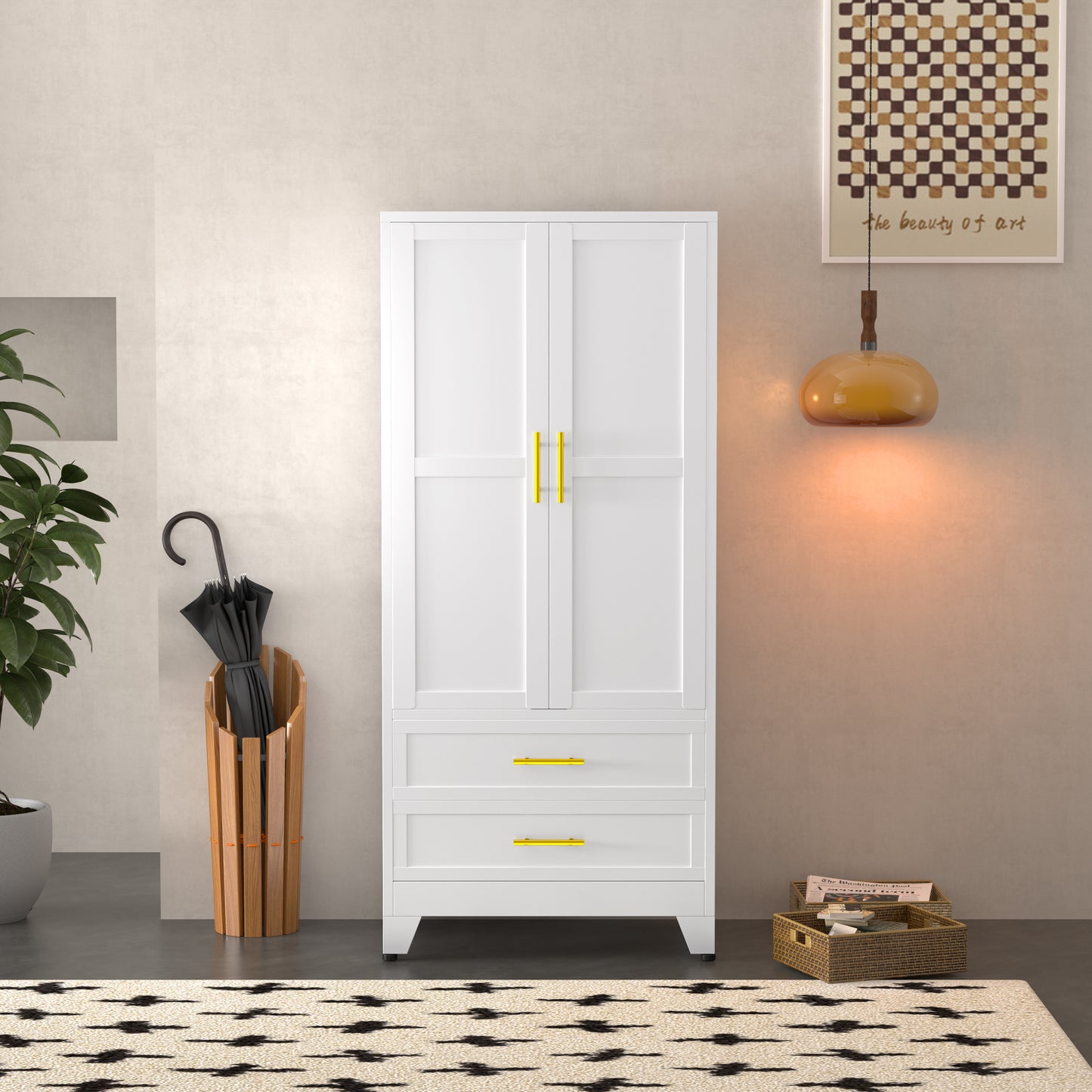 GEITIN Modern Freestanding Wardrobe Armoire with Two Drawers