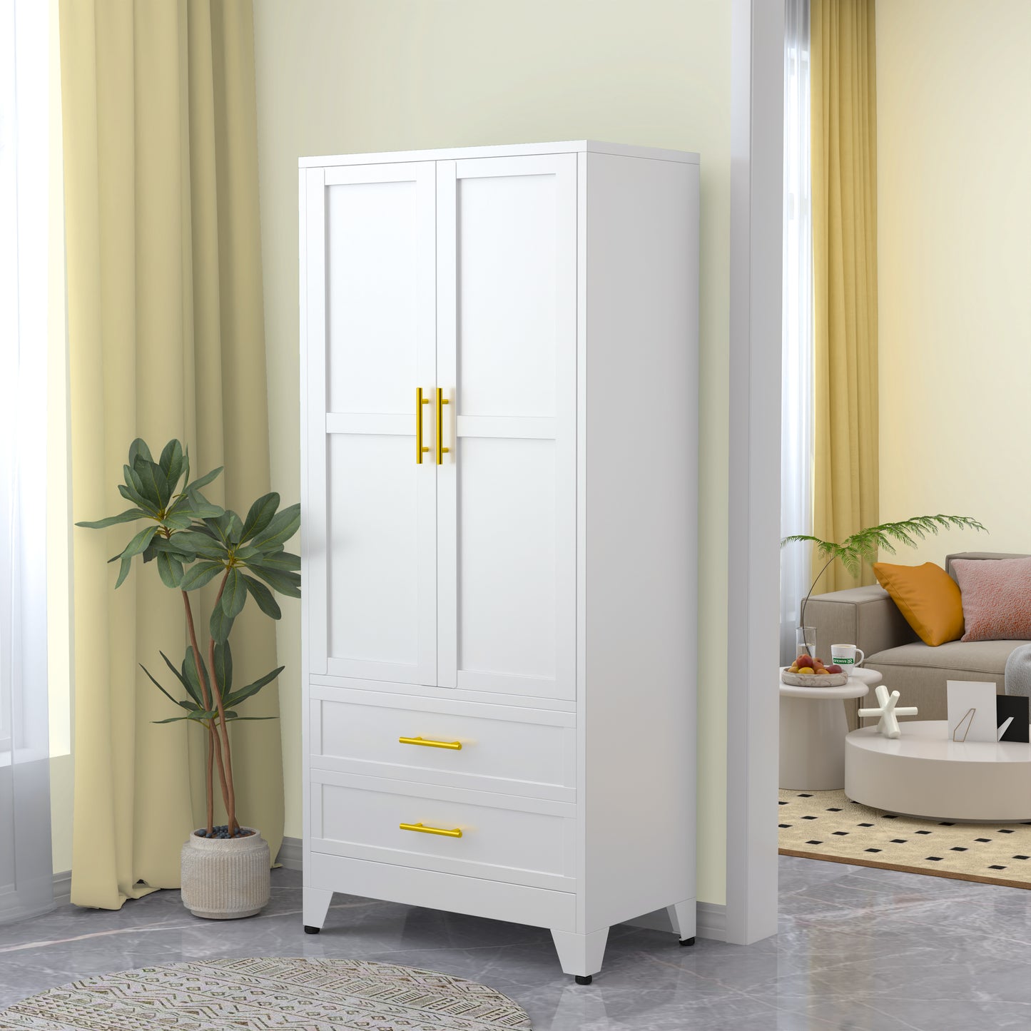 GEITIN Modern Freestanding Wardrobe Armoire with Two Drawers