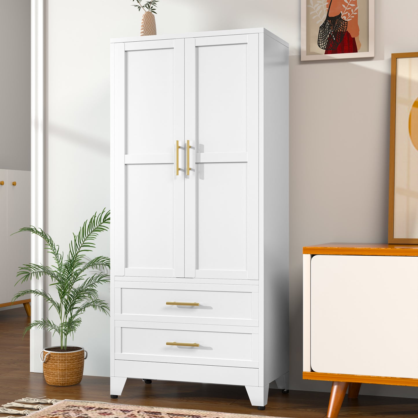 GEITIN Modern Freestanding Wardrobe Armoire with Two Drawers